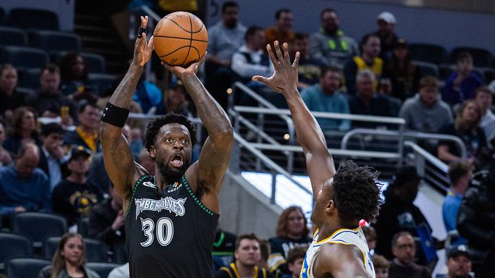 Apr 7, 2026; Indianapolis, Indiana, USA; Minnesota Timberwolves forward Julius Randle (30) shoots the ball while Indiana Pacers guard Kobe Brown (24) defends in the first half at Gainbridge Fieldhouse. Mandatory Credit: Trevor Ruszkowski-Imagn Images Apr 7, 2026; Indianapolis, Indiana, USA; Minnesota Timberwolves forward Julius Randle (30) shoots the ball while Indiana Pacers guard Kobe Brown (24) defends in the first half at Gainbridge Fieldhouse. Mandatory Credit: Trevor Ruszkowski-Imagn Images