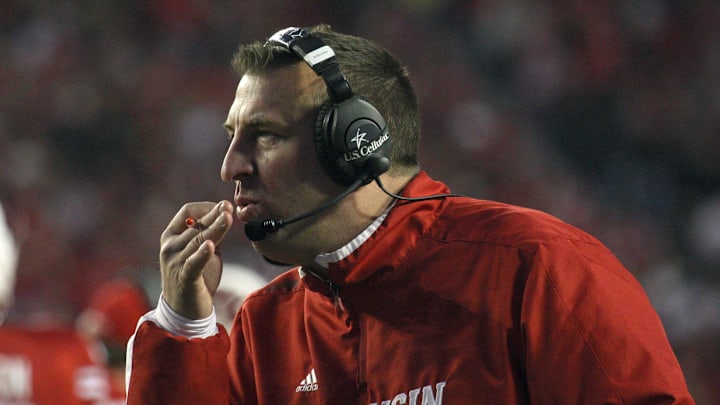 Nov 17, 2012; Madison, WI, USA; Wisconsin Badgers head coach Bret Bielema motions to his team as they play the Ohio State Buckeyes at Camp Randall Stadium.  Ohio State defeated Wisconsin in overtime 21-14.