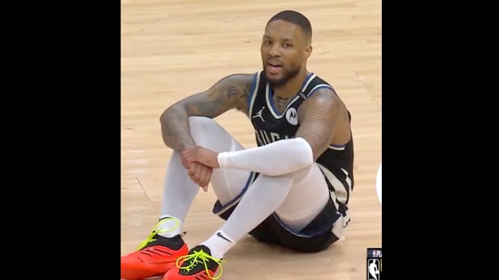 Damian Lillard after going down with a noncontact injury on April 27, 2025.