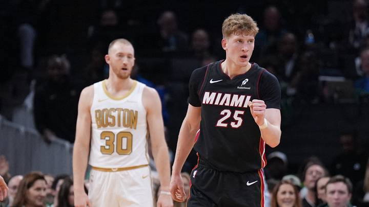 Dec 19, 2025; Boston, Massachusetts, USA; Miami Heat guard Kasparas Jakucionis (25) reacts after a play againstteh Boston Celtics in the first quarter at TD Garden. Mandatory Credit: David Butler II-Imagn Images