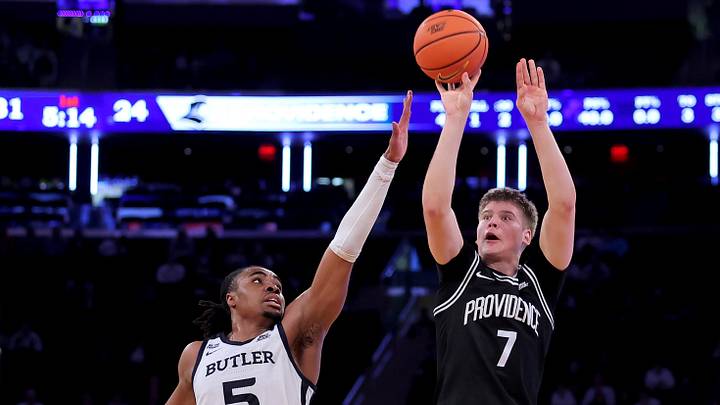 Mar 11, 2026; New York, NY, USA; Providence Friars guard Stefan Vaaks (7) takes a shot against Butler Bulldogs forward Michael Ajayi (5) during the first half at Madison Square Garden. Mandatory Credit: Brad Penner-Imagn Images Mar 11, 2026; New York, NY, USA; Providence Friars guard Stefan Vaaks (7) takes a shot against Butler Bulldogs forward Michael Ajayi (5) during the first half at Madison Square Garden. Mandatory Credit: Brad Penner-Imagn Images