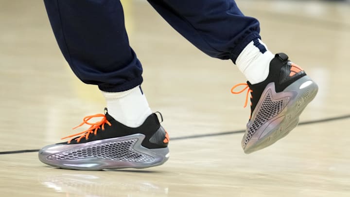Nov 2, 2024; San Antonio, Texas, USA; Detailed view of the shoes worn by Minnesota Timberwolves guard Anthony Edwards (5) before a game against the San Antonio Spurs at Frost Bank Center. Mandatory Credit: Scott Wachter-Imagn Images
