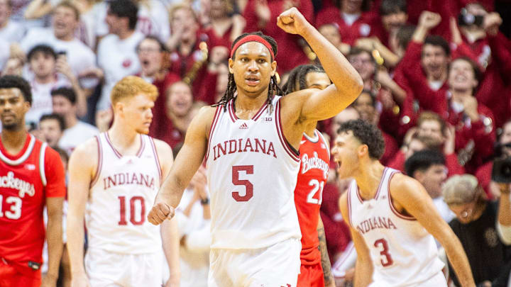Indiana's Malik Reneau (5) celebrates during the Indiana versus Ohio State men's basketball game at Simon Skjodt Assembly Hall on Saturday, March 8, 2025.