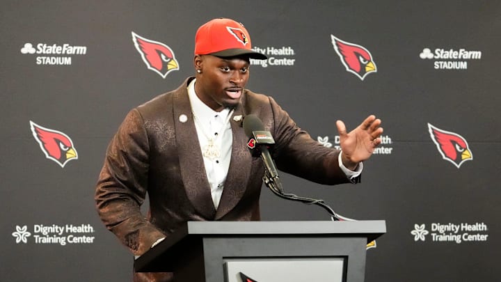 The Arizona Cardinals introduce their first-round draft pick running back Jeremiyah Love during a news conference at the Cardinals Dignity Health training facility on April 24, 2026, in Tempe, Ariz.