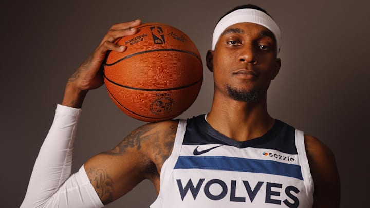Minnesota Timberwolves forward Jaden McDaniels (3) poses for photos on media day at Target Center in Minneapolis on Sept. 30, 2024. Minnesota Timberwolves forward Jaden McDaniels (3) poses for photos on media day at Target Center in Minneapolis on Sept. 30, 2024.