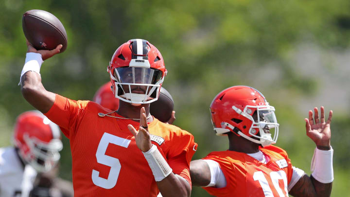 Browns quarterback Jameis Winston (5) participates in quarterback drills with Tyler Huntley during minicamp, Tuesday, June 11, 2024, in Berea.