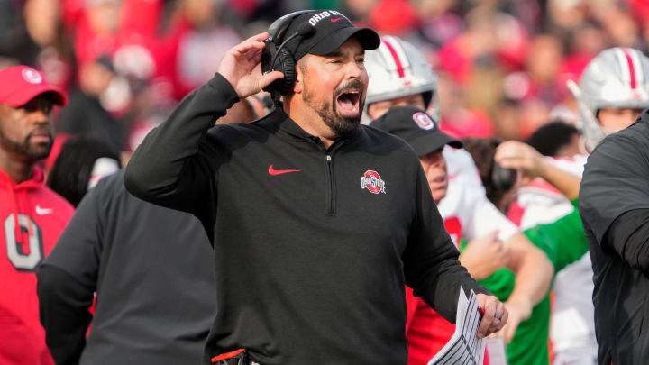 Nov 4, 2023; Piscataway, New Jersey, USA; Ohio State Buckeyes head coach Ryan Day yells from the sideline during the NCAA football game against the Rutgers Scarlet Knights at SHI Stadium. Ohio State won 35-16.