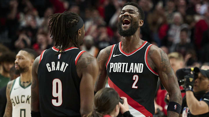 Jan 31, 2024; Portland, Oregon, USA; Portland Trail Blazers center Deandre Ayton (2) celebrates with forward Jerami Grant (9) after beating the Milwaukee Bucks at Moda Center. Mandatory Credit: Troy Wayrynen-Imagn Images Jan 31, 2024; Portland, Oregon, USA; Portland Trail Blazers center Deandre Ayton (2) celebrates with forward Jerami Grant (9) after beating the Milwaukee Bucks at Moda Center. Mandatory Credit: Troy Wayrynen-Imagn Images