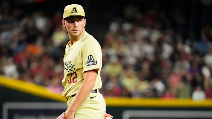 Arizona Diamondbacks starting pitcher Brandon Pfaadt (32) reacts after walking San Francisco Giants Patrick Bailey (14) in the third inning at Chase Field in Phoenix on Tuesday, Sept. 24, 2024.