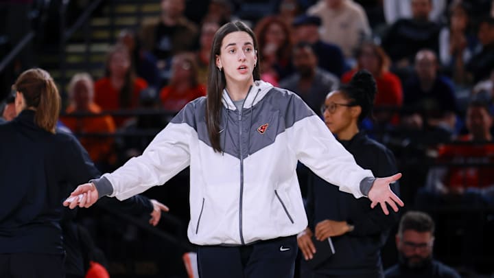 May 28, 2025; Washington, District of Columbia, USA; Indiana Fever guard Caitlin Clark reacts to a call in the second half against the Washington Mystics at Entertainment & Sports Arena. Mandatory Credit: Emily Faith Morgan-Imagn Images