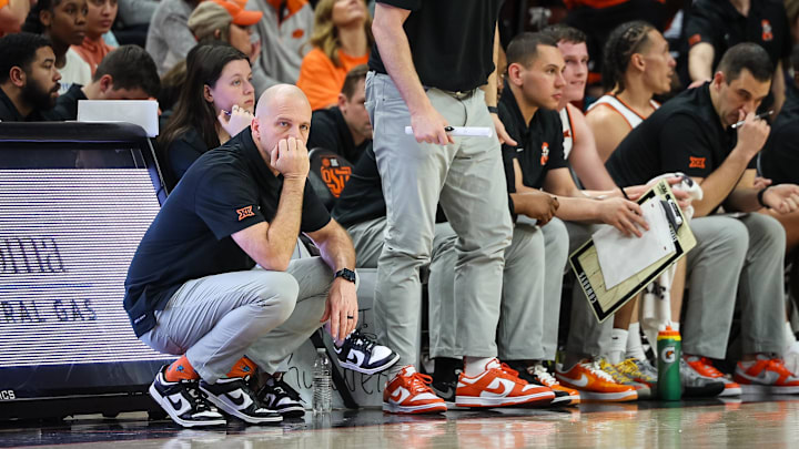 Feb 15, 2025; Stillwater, Oklahoma, USA; Oklahoma State Cowboys coach Steve Lutz watches game play during the second half against the Texas Tech Red Raiders at Gallagher-Iba Arena. Mandatory Credit: William Purnell-Imagn Images