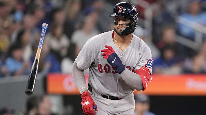 Apr 30, 2025; Toronto, Ontario, CAN; Boston Red Sox catcher Carlos Narvaez (75) tosses his bat after hitting a two-run home run against the Toronto Blue Jays during the sixth inning at Rogers Centre. Mandatory Credit: John E. Sokolowski-Imagn Images