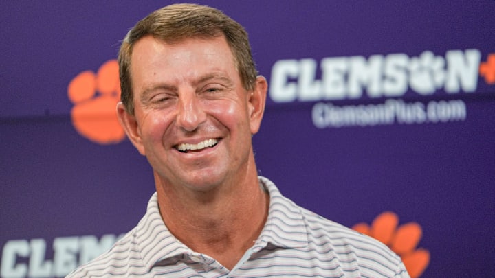 Clemson head coach Dabo Swinney speaks during Clemson football media day at the Smart Family Media Center in Clemson, SC Tuesday, July 15, 2025. Clemson head coach Dabo Swinney speaks during Clemson football media day at the Smart Family Media Center in Clemson, SC Tuesday, July 15, 2025.