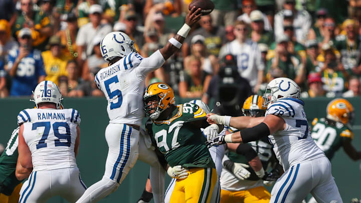 Green Bay Packers defensive tackle Kenny Clark (97) pressures Indianapolis Colts quarterback Anthony Richardson (5) as Richardson passes the ball on Sunday, September 15, 2024, at Lambeau Field in Green Bay, Wis. The Packers won the game, 16-10.
Tork Mason/USA TODAY NETWORK-Wisconsin Green Bay Packers defensive tackle Kenny Clark (97) pressures Indianapolis Colts quarterback Anthony Richardson (5) as Richardson passes the ball on Sunday, September 15, 2024, at Lambeau Field in Green Bay, Wis. The Packers won the game, 16-10.
Tork Mason/USA TODAY NETWORK-Wisconsin