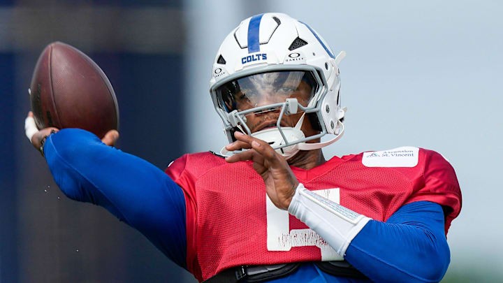 Indianapolis Colts quarterback Anthony Richardson Sr. (5) throws the ball Monday, Aug. 11, 2025, during Indianapolis Colts Training Camp at Grand Park in Westfield.