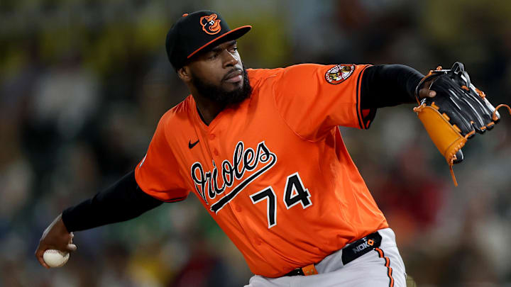 Jun 7, 2025; West Sacramento, California, USA; Baltimore Orioles pitcher Felix Bautista (74) throws a pitch against the Athletics during the ninth inning at Sutter Health Park.