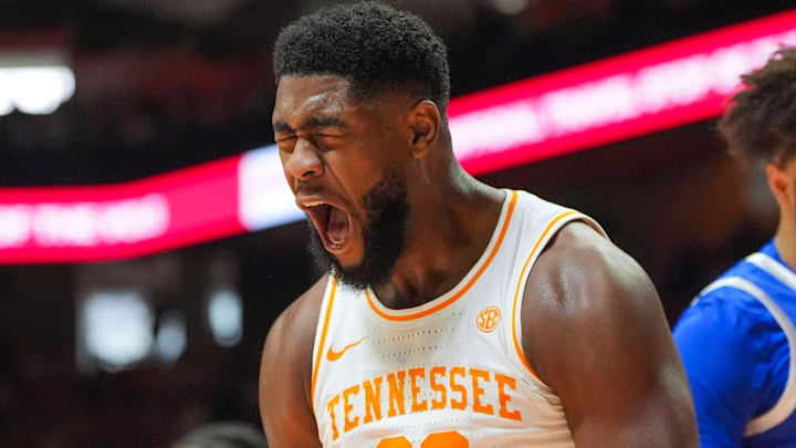 Tennessee forward Jaylen Carey (23) yells in celebration after scoring a basket during a NCAA basketball game between the Tennessee Volunteers and Kentucky Wildcats at Thompson-Boling Arena at Food City Center in Knoxville, Tenn., on Jan. 17, 2026. Tennessee forward Jaylen Carey (23) yells in celebration after scoring a basket during a NCAA basketball game between the Tennessee Volunteers and Kentucky Wildcats at Thompson-Boling Arena at Food City Center in Knoxville, Tenn., on Jan. 17, 2026.