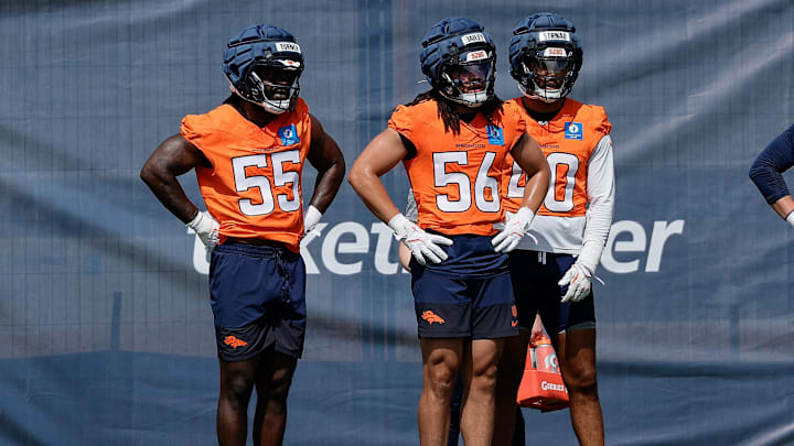 Jul 24, 2025; Englewood, CO, USA; Denver Broncos linebacker Jordan Turner (55) and linebacker Levelle Bailey (56) and linebacker Justin Strnad (40) during Denver Broncos Training Camp. Mandatory Credit: Isaiah J. Downing-Imagn Images