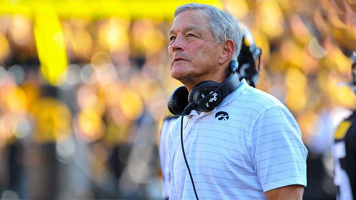 Sep 18, 2021; Iowa City, Iowa, USA; Iowa Hawkeyes head coach Kirk Ferentz in action during the game against the Kent State Golden Flashes at Kinnick Stadium. Mandatory Credit: Jeffrey Becker-USA TODAY Sports