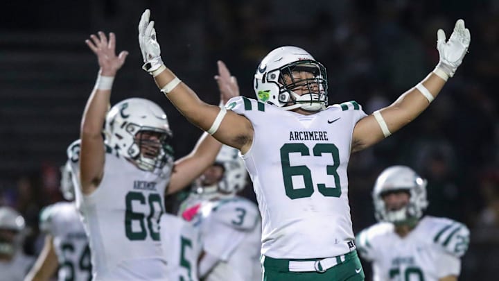 Archmere's Michael Jang joins his teammates in celebrating their road win after the Auks' 27-21 win at Saint Mark's High School, Friday, Sept. 13, 2024. Archmere is the No. 1 team in our Delaware Class 2A state computer rankings.