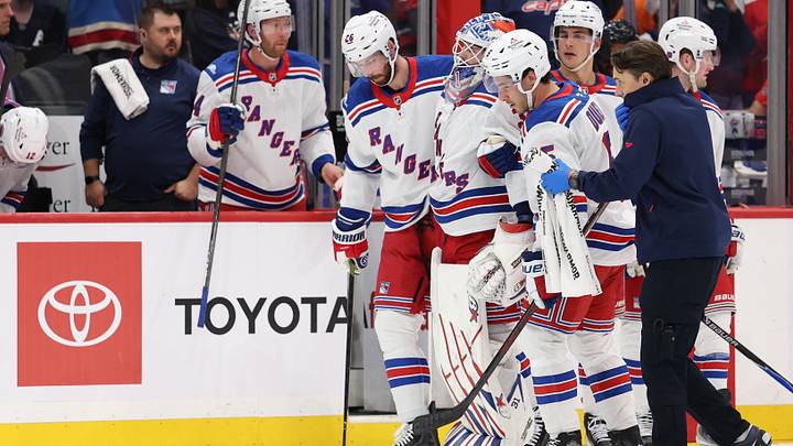 Oct 9, 2026; Washington, District of Columbia, USA; New York Rangers goaltender Igor Shesterkin (31) is helped off the ice after being injured against the Washington Capitals during the second period at Capital One Arena. Mandatory Credit: Geoff Burke-Imagn Images Oct 9, 2026; Washington, District of Columbia, USA; New York Rangers goaltender Igor Shesterkin (31) is helped off the ice after being injured against the Washington Capitals during the second period at Capital One Arena. Mandatory Credit: Geoff Burke-Imagn Images