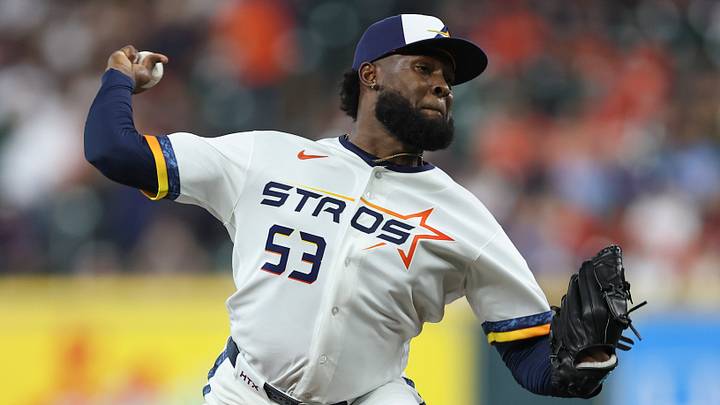 Aug 3, 2026; Houston, Texas, USA; Houston Astros starting pitcher Cristian Javier (53) delivers a pitch during the third inning against the Toronto Blue Jays at Daikin Park. Mandatory Credit: Troy Taormina-Imagn Images