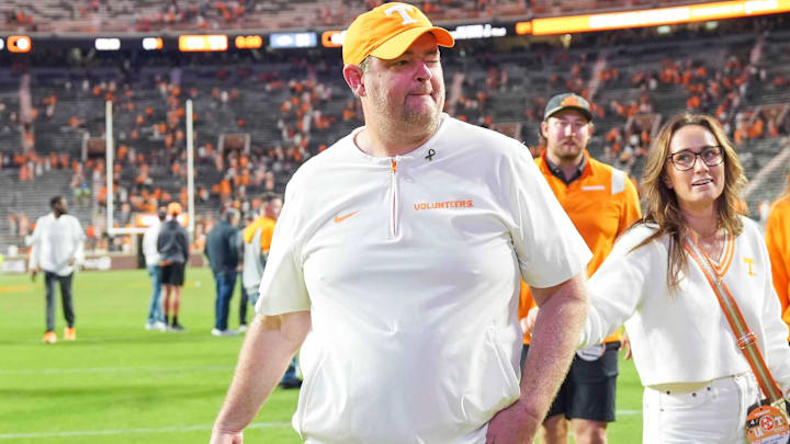 Tennessee coach Josh Heupel winks after a college football game between Tennessee and Arkansas at Neyland Stadium in Knoxville, Tenn., on Oct. 11, 2025. Tennessee coach Josh Heupel winks after a college football game between Tennessee and Arkansas at Neyland Stadium in Knoxville, Tenn., on Oct. 11, 2025.