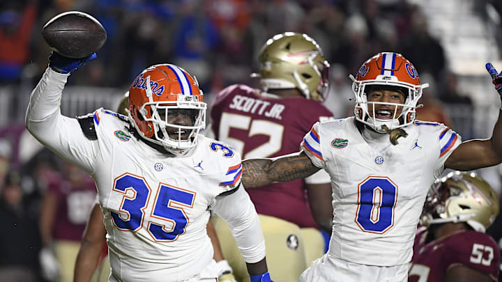 Nov 30, 2024; Tallahassee, Florida, USA; Florida Gators defensive lineman D'Antre Robinson (35) celebrates a fumble recovery during the first half against the Florida State Seminoles at Doak S. Campbell Stadium. Mandatory Credit: Melina Myers-Imagn Images Nov 30, 2024; Tallahassee, Florida, USA; Florida Gators defensive lineman D'Antre Robinson (35) celebrates a fumble recovery during the first half against the Florida State Seminoles at Doak S. Campbell Stadium. Mandatory Credit: Melina Myers-Imagn Images