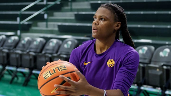 Nov 17, 2025; New Orleans, Louisiana, USA;  LSU Tigers guard Milaysia Fulwiley (23) warms up before a game against the Tulane Green Wave at Avron B. Fogelman Arena in Devlin Fieldhouse. Mandatory Credit: Matthew Hinton-Imagn Images