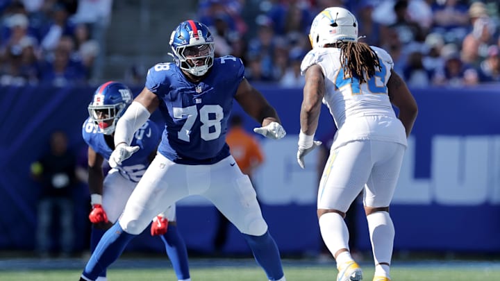 New York Giants offensive tackle Andrew Thomas is a piece the team can build around; however, addressing the offensive line should be a focus this offseason.