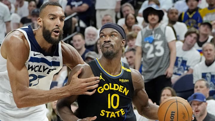 Golden State Warriors forward Jimmy Butler goes to the basket against Minnesota Timberwolves center Rudy Gobert. Golden State Warriors forward Jimmy Butler goes to the basket against Minnesota Timberwolves center Rudy Gobert.
