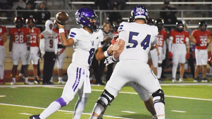 Anna quarterback Ziondre Williams passes during a Class 5A Division II playoff game on Friday, Nov. 14 against Colleyville Heritage in Grapevine.