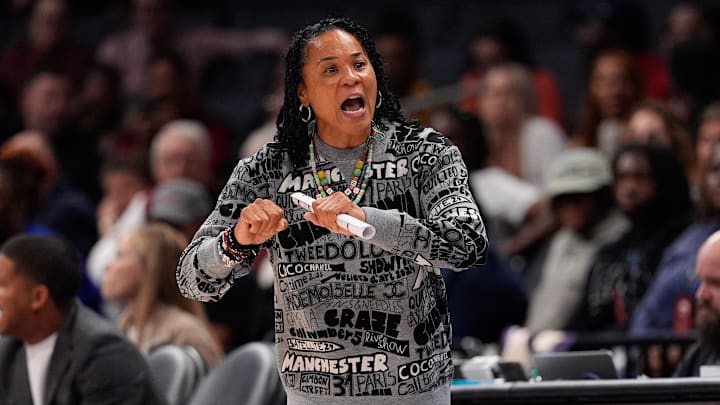 Nov 10, 2024; Charlotte, NC, USA; South Carolina Gamecocks head coach Dawn Staley during the first half of the Ally Tip Off at Spectrum Center. Mandatory Credit: Jim Dedmon-Imagn Images