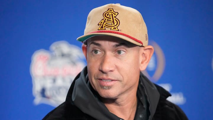 Arizona State offensive coordinator Marcus Arroyo answers questions during media day for the Chick-fil-A Peach Bowl in Atlanta on Monday, Dec. 30, 2024.