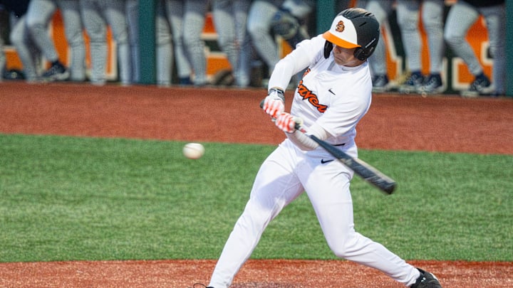 Oregon State's Easton Talt (6) swings the bat during an NCAA college baseball game at Goss Stadium on Friday, March 7, 2025, in Corvallis, Ore.