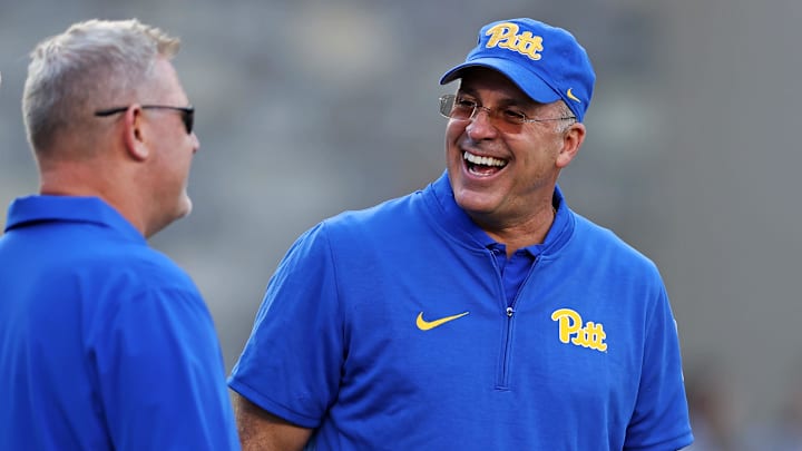 Sep 30, 2023; Blacksburg, Virginia, USA; Pittsburgh Panthers head coach Pat Narduzzi reacts before Sep 30, 2023; Blacksburg, Virginia, USA; Pittsburgh Panthers head coach Pat Narduzzi reacts before