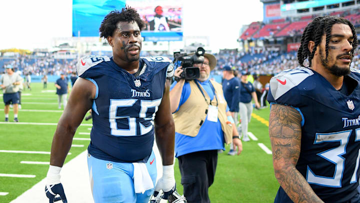 Nov 3, 2024; Nashville, Tennessee, USA;  Tennessee Titans defensive tackle Sebastian Joseph-Day (69) walks off the field against the New England Patriots during post game  at Nissan Stadium. Mandatory Credit: Steve Roberts-Imagn Images