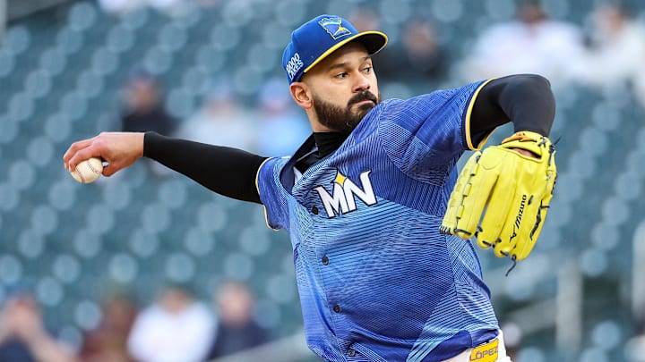 Apr 25, 2025; Minneapolis, Minnesota, USA; Minnesota Twins starting pitcher Pablo Lopez (49) delivers a pitch against the Los Angeles Angels during the first inning at Target Field. Mandatory Credit: Matt Krohn-Imagn Images