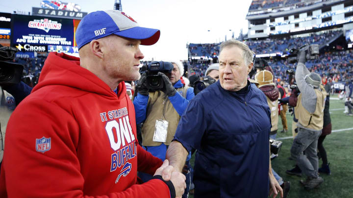 Dec 23, 2018; Foxborough, MA, USA; New England Patriots head coach Bill Belichick shakes hands with Buffalo Bills head coach Sean McDermott after New England's 24-12 win at Gillette Stadium. Mandatory Credit: Winslow Townson-USA TODAY Sports