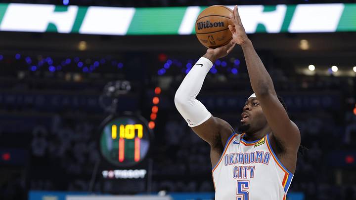 May 26, 2026; Oklahoma City, Oklahoma, USA; Oklahoma City Thunder guard Luguentz Dort (5) shoots during the third quarter against the San Antonio Spurs in game five of the western conference finals for the 2026 NBA playoffs at Paycom Center. Mandatory Credit: Alonzo Adams-Imagn Images May 26, 2026; Oklahoma City, Oklahoma, USA; Oklahoma City Thunder guard Luguentz Dort (5) shoots during the third quarter against the San Antonio Spurs in game five of the western conference finals for the 2026 NBA playoffs at Paycom Center. Mandatory Credit: Alonzo Adams-Imagn Images