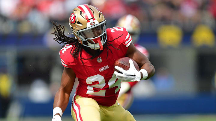 Sep 22, 2024; Inglewood, California, USA; San Francisco 49ers running back Jordan Mason (24) runs the ball against the Los Angeles Rams during the first half at SoFi Stadium. Mandatory Credit: Gary A. Vasquez-Imagn Images Sep 22, 2024; Inglewood, California, USA; San Francisco 49ers running back Jordan Mason (24) runs the ball against the Los Angeles Rams during the first half at SoFi Stadium. Mandatory Credit: Gary A. Vasquez-Imagn Images
