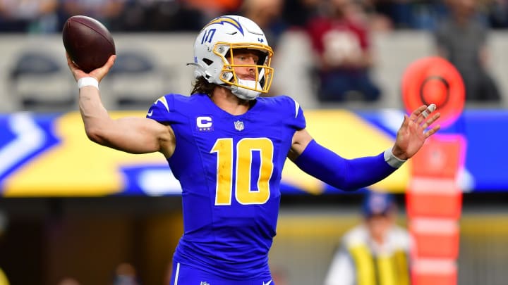 Dec 10, 2023; Inglewood, California, USA; Los Angeles Chargers quarterback Justin Herbert (10) Dec 10, 2023; Inglewood, California, USA; Los Angeles Chargers quarterback Justin Herbert (10)
