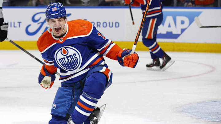 Edmonton Oilers forward Zach Hyman (18) celebrates after goal