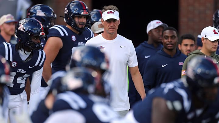 Nov 8, 2025; Oxford, Mississippi, USA; Mississippi Rebels head coach Lane Kiffin looks on during warm ups prior to the game against The Citadel Bulldogs at Vaught-Hemingway Stadium. Mandatory Credit: Petre Thomas-Imagn Images