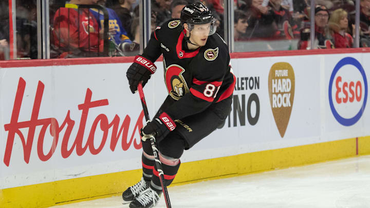Dec 2, 2023; Ottawa, Ontario, CAN; Ottawa Senators left wing Dominik Kubalik (81) controls the puck