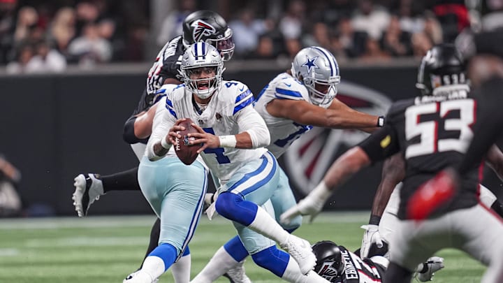 Nov 3, 2024; Atlanta, Georgia, USA; Dallas Cowboys quarterback Dak Prescott (4) runs out of the pocket against the Atlanta Falcons during the second half at Mercedes-Benz Stadium. Mandatory Credit: Dale Zanine-Imagn Images Nov 3, 2024; Atlanta, Georgia, USA; Dallas Cowboys quarterback Dak Prescott (4) runs out of the pocket against the Atlanta Falcons during the second half at Mercedes-Benz Stadium. Mandatory Credit: Dale Zanine-Imagn Images