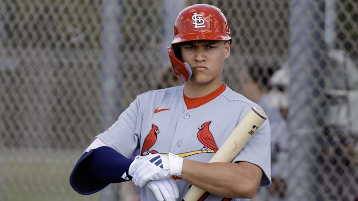 Feb 16, 2026; Jupiter, FL, USA;  St. Louis Cardinals infielder JJ Wetherholt (77) during spring training workouts at Roger Dean Stadium. Mandatory Credit: Reinhold Matay-Imagn Images