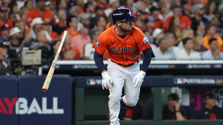 Oct 2, 2024; Houston, Texas, USA; Houston Astros third base Alex Bregman runs after hitting a single against the Detroit Tigers.