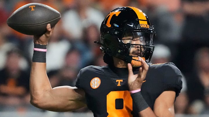 Tennessee quarterback Nico Iamaleava (8) pulls back for the throw during an NCAA college football game between Tennessee and Kentucky on Saturday, Nov. 2, 2024, in Knoxville, Tenn.