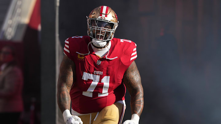 Sep 9, 2024; Santa Clara, California, USA; San Francisco 49ers offensive tackle Trent Williams (71) is introduced before the game against the New York Jets at Levi's Stadium. Mandatory Credit: Darren Yamashita-Imagn Images